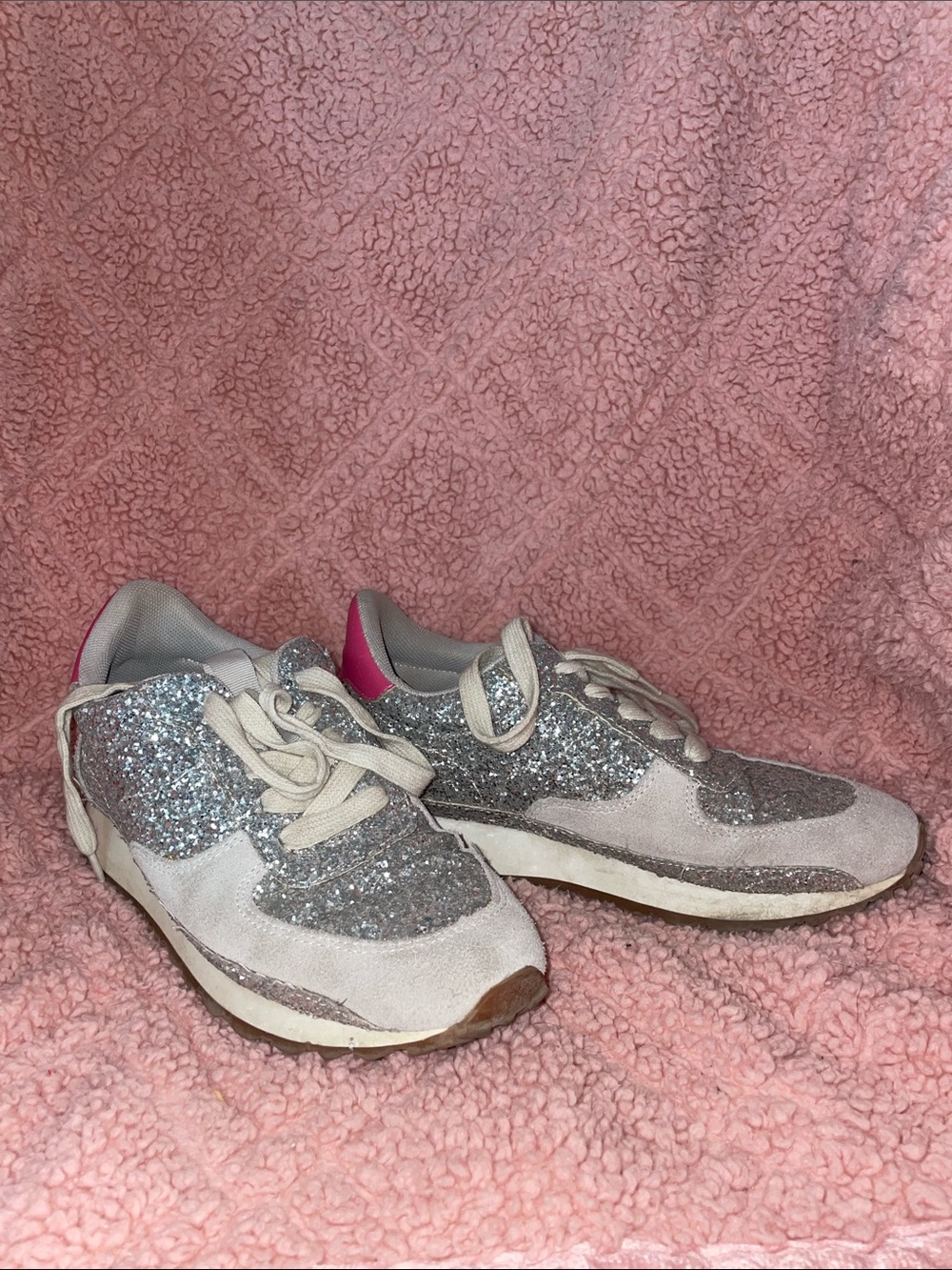 Steve Madden Silver Glitter Sneakers with Pink Heel Accent